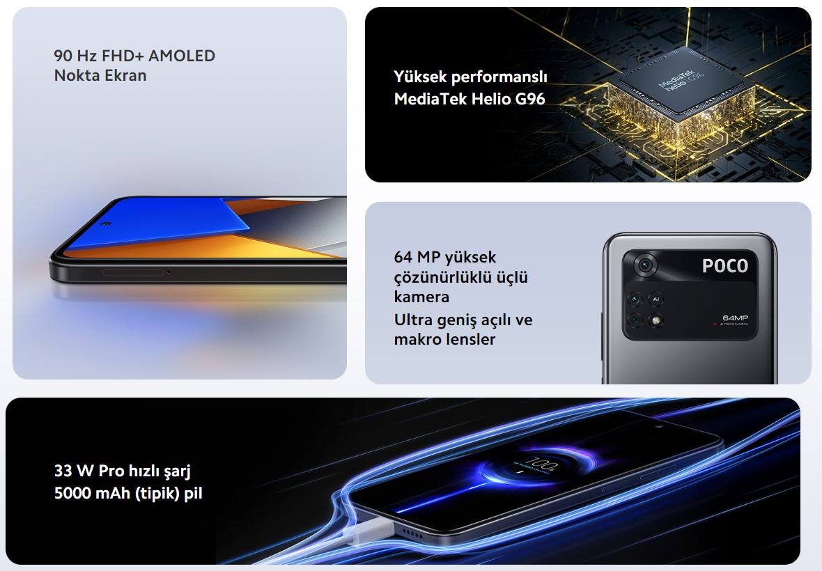 90 Hz FHD+ AMOLED Nokta Ekran Yüksek performanslı MediaTek Helio G96 64 MP yüksek çözünürlüklü üçlü kamera Ultra geniş açılı ve makro lensler 33 W Pro hızlı şarj 5000 mAh (tipik) pil